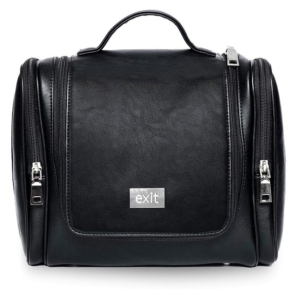 Exit Handbags - Black Faux Leather Large Travel Toiletry & Makeup Bag Organizer With Hook